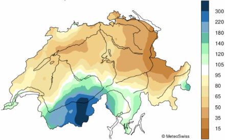 Fig. 5: Distribuzione spaziale dei totali delle precipitazioni di aprile 2025, indicata in % della norma 1991-2020. Aggiornata al 29.04.2025.