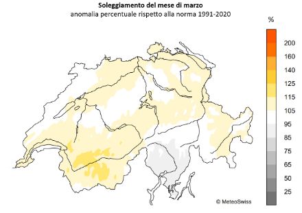 Figura 5: Soleggiamento totale del mese di marzo 2025 in Svizzera, rappresentato come percentuale della norma 1991-2020. 