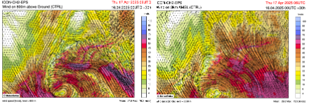 Figura 2: Vento previsto a 800 m e 3000 m di altitudine giovedì 17 aprile alle 08:00 locali dal modello ICON