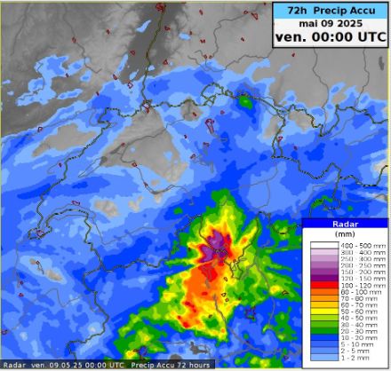 Accumulo delle precipitazioni in 3 giorni (da martedì 6 a giovedì 8 maggio).
