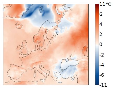Mappa dell'Europa per la temperatura di aprile 2025.