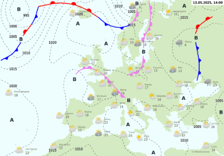 Carta al suolo della situazione generale, che mostra le linee isobariche (linee nere), i centri d'azione (H per l'alta pressione, L per la bassa pressione) e i fronti (in colore), valida per martedì 13 maggio alle 14:00 ora locale.