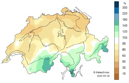 Fig. 2: Distribuzione spaziale dei totali delle precipitazioni nella primavera del 2025, in percentuale rispetto al periodo di riferimento 1991-2020 (al 30.05.2025).