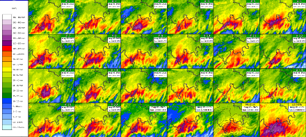 Fig. 5: accumuli di precipitazione nelle 24 ore comprese tra le 14 di domenica 04.05.2025 e le 14 di lunedì 05.05.2025. Modello: ICON-CH2-EPS (20 membri + CTRL, mediana e quantile 100) e IFS-HRES_EU.