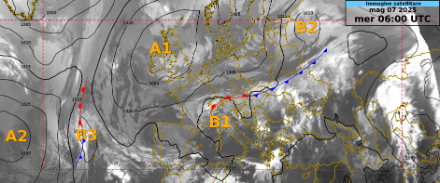 Fig. 2: Immagine satellitare di questa mattina alle 06 UTC, con sovrapposte i campi di pressione, le indicazioni relative alle posizioni dei centri di alta e bassa pressione e i fronti. 