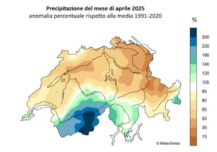 Fig. 3: Totale mensile delle precipitazioni di aprile 2025, rappresentato come anomalia rispetto alla norma 1991-2020. 