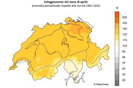 Figura 5: Soleggiamento totale del mese di aprile 2025 in Svizzera, rappresentato come percentuale della norma 1991-2020. Fonte: MeteoSvizzera.