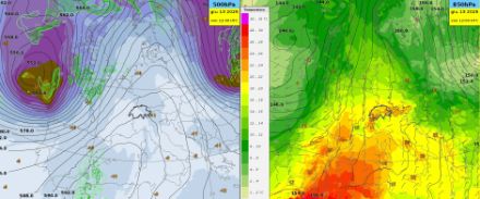 Due immaggini della distribuzione del geopotenziale e della temperatura a 500 e 850 hPa.