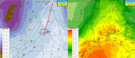Venerdì l'asse della dorsale (linea rossa a sinistra) si sposterà lentamente verso est e la Svizzera entrerà in un flusso in quota da sudovest, al margine di una depressione (a sinistra: geopotenziale e temperatura in colore a 500hPa, modello IFS). Questo porta aria molto calda in Svizzera (a destra: pressione al suolo e temperatura a 850hPa in colore, modello IFS) 