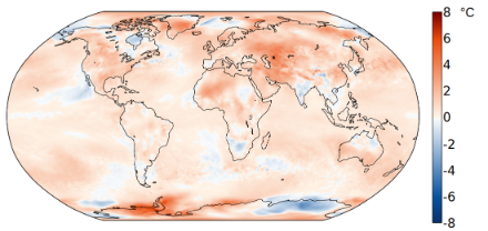 Figura 3: Distribuzione spaziale della temperatura media globale della primavera boreale (da marzo a maggio), rappresentata come anomalia rispetto alla norma 1991-2020. 