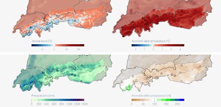 Mappe della regione alpina di Germania, Austria e Svizzera relative alla temperatura media e alle precipitazioni nel semestre invernale 2024/2025.