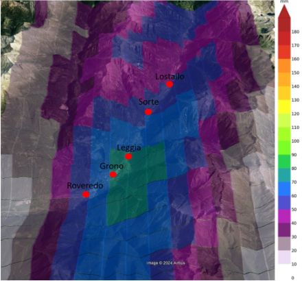 Fig. 3. Accumulo di pioggia secondo l’algoritmo CombiPrecip su un intervallo di 80 minuti, tra le 18:40 e le 20:00 (ora locale) del 21.06.2024. 