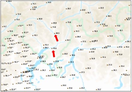 Fig. 6. Temperature massime rilevate fra le 23:00 e le 00:00 UTC del 29 giugno 2024.