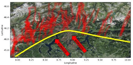Fig. 1. Le traiettorie delle celle temporalesche nella notte tra il 29 e il 30 giugno 2025. Ben evidente come esse abbiano interessato solo la fascia alpina, tralasciando le regioni di pianura. Il tipo di massa d’aria sospinto dalle forti correnti sciroccali nei bassi strati ha impedito l’innesco di cellule temporalesche sulla Pianura Padana.