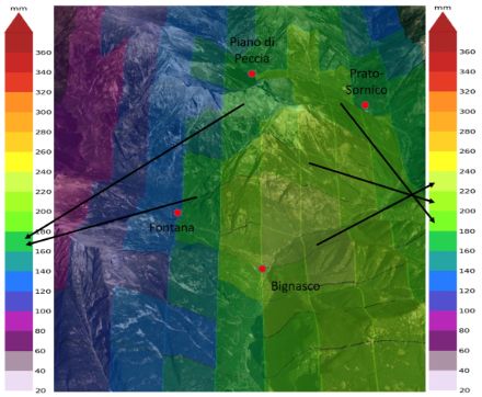 Fig. 3. Accumulo di pioggia secondo l’algoritmo CombiPrecip su un intervallo di 6 ore tra le 18:00 e le 00:00 UTC del 29-30.06.2024 con alcuni riferimenti geografici.