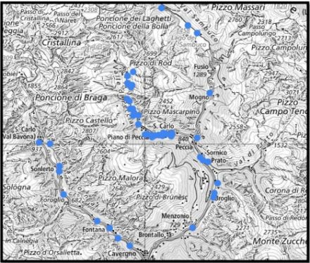 Fig. 1. Colate detritiche lungo corsi minori, alluvionamenti ed erosioni di sponda lungo la Lavizzara e la Bavona. Stato 10 luglio 2024.