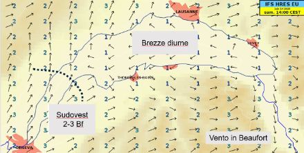 Mappa del vento al suolo nella girnata di sabato 14 giugno, analisi del modello.