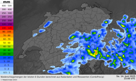 Fig. 2. Accumuli di precipitazioni sulle 6 ore tra le 11:00 e le 17:00 (ore locali) del 14 giugno 2025. Algoritmo CombiPrecip.