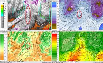 Fig. 1. Analisi del modello ad alta risoluzione ECMWF (geopotenziale, velocità del vento a 300 hPa sovrapposte a un’immagine del vapore acqueo del satellite Meteosat, geopotenziale e temperatura a 500 hPa, geopotenziale, velocità del vento e umidità a 700 hPa, pressione al suolo e temperatura a 850 hPa), 14.06.2025 ore 12:00 UTC (14:00 locali).