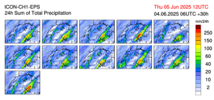 Fig. 1: Da modello ICON-CH1-EPS i suoi 11 membri di calcolo, in basso a sinistra il run operativo.