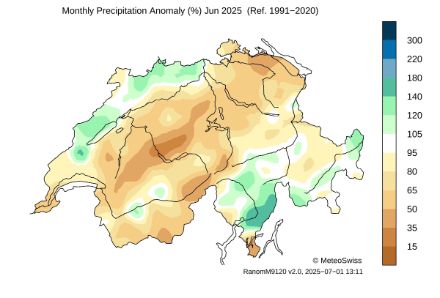 Fig. 4: Somma delle precipitazioni del mese di giugno 2025 in Svizzera, rappresentata come anomalia rispetto alla norma 1991-2020.