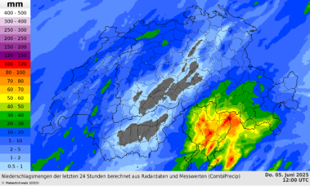 Fig. 4: Accumuli sulle 24 ore tra il 4 e il 5 giugno 2025 (intervallo 12 –12 UTC), secondo l’algoritmo CombiPrecip (combinazione di misure pluviometriche e radaristiche).