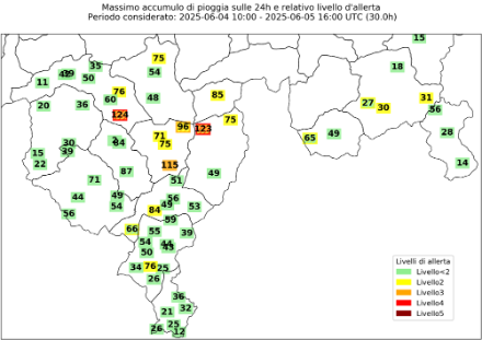 Fig. 5: Accumuli massimi sulle 24 ore, per pluviometro, tra il 4 e il 5 giugno 2025. Evidenziato il corrispettivo livello d’allerta secondo le soglie (accumuli di pioggia sulle 24 ore) di MeteoSvizzera. Con la colorazione tratteggiata viene considerata una tolleranza del 10%.