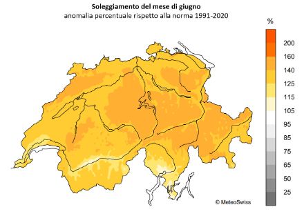 Figura 5: Soleggiamento totale del mese di giugno 2025 in Svizzera, rappresentato come percentuale della norma 1991-2020. 