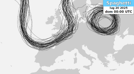 Spaghetti plot per domenica 20 luglio alle 00 UTC. Le diverse linee nere rappresentano l'altezza del geopotenziale a 500 hPa calcolata dai diversi membri della previsione d'insieme ECMWF-IFS-ENS.