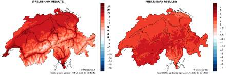 Mappe della Svizzera per la temperatura media mensile e la sua deviazione dal periodo di riferimento 1991-2020