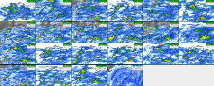Fig. 4: le precipitazioni di domenica previste dal modello ICON-CH2-EPS. I primi 20 riquadri mostrano i 20 membri della previsione d’insieme: sono cioè 20 versioni con condizioni iniziali leggermente “disturbate”. Il 21° riquadro è il membro di controllo (non perturbato), l’ultimo è il modello europeo ECMWF ad alta risoluzione IFS HRES 