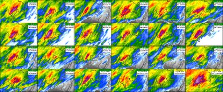 Fig. 3: previsione di insieme (modello ICON-CH-2E-ENS) dell’accumulo di precipitazioni previsto tra le 12 UTC di domenica 20 luglio e le 12 UTC di lunedì 21 luglio 2025. MeteoSvizzera.