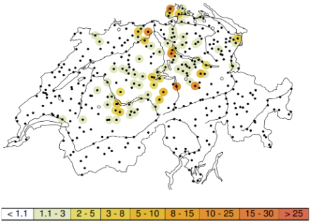 Periodo di ritorno (in anni) delle precipitazioni di 3 giorni da sabato 26.07.2025, ore 8:00, a martedì 29.07.2025, ore 8:00. Fonte: MeteoSvizzera