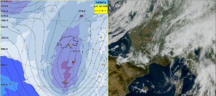 A sinistra, temperatura (a colori) e geopotenziale a 500 hPa (isolinee nere), (modello ECMWF CTRL per sabato 25.07. alle 11:00 locali). A destra, immagine satellitare visibile (MTG, sabato 26.07. alle ore 11 locali). Si distingue la massa nuvolosa sul nord Italia, sospinta dalle correnti legate alla depressione in quota. 