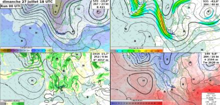 Situazione meteorologica prevista per domenica 27 luglio 2025 alle ore 20:00 locali a diversi livelli di altitudine (ECMWF). In alto a sinistra, geopotenziale e temperatura a 500 hPa, in basso a sinistra, a colori, umidità prevista a circa 3000 m, in basso a destra, temperatura a circa 1500 m, che consente di visualizzare le masse d'aria.