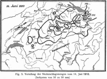 Quantità di precipitazioni del 14 giugno 1910. All'epoca si verificò l'ultimo evento piovoso a grande scala in Svizzera. La distribuzione delle precipitazioni, con le quantità maggiori sul versante settentrionale centrale e orientale delle Alpi , è molto simile a quella del successivo evento di grande portata del 31 luglio 1977 