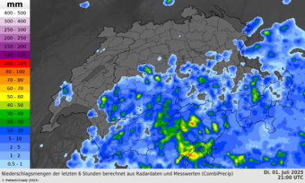 Figura 2: Accumulo di precipitazione sulle 6 ore il 1° luglio 2025 tra le 15 e le 21 UTC