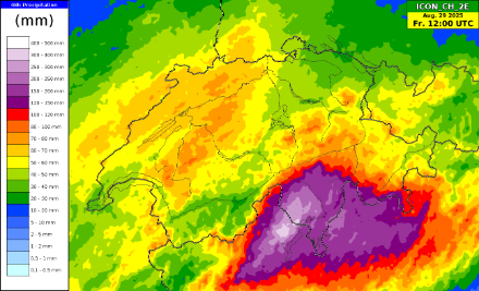 Mediana delle precipitazioni totali in 48 ore tra mercoledì alle ore 14:00 ora locale e venerdì alle ore 14:00 ora locale secondo il modello meteorologico ICON-CH2-EPS.äss dem Wettermodell ICON-CH2-EPS. 