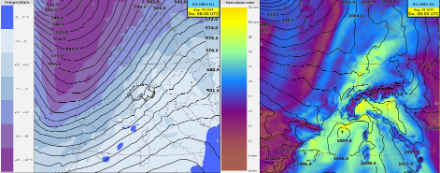 Situazione meteorologica giovedì mattina alle ore 8 locali secondo il modello globale IFS HRES. A sinistra: temperatura e geopotenziale sul livello di pressione 500 hPa. A destra: acqua precipitabile e pressione atmosferica a livello del mare. La Svizzera si trova sul fronte di una depressione sopra l'Europa occidentale in una corrente sud-occidentale umida e instabile. Una depressione secondaria sul Mediterraneo occidentale porta aria molto umida sul versante sudalpino. Sul versante sud delle Alpi, l'acqua precipitabile raggiunge valori molto elevati, fino a 50 mm.