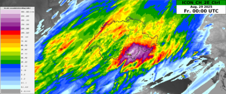 Previsione delle precipitazioni su 36 ore fino a venerdì 29 agosto alle ore 06, secondo il modello ICON-CH-2E (run di controllo).