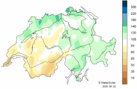 Fig. 2: Distribuzione spaziale della somma delle precipitazioni dell'estate 2025, rappresentata come percentuale della media 1991-2020 (aggiornata al 29 agosto).