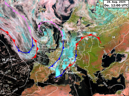 Fig. 1: Immagine satellitare e carta al suolo di giovedì 28 agosto alle ore 14.