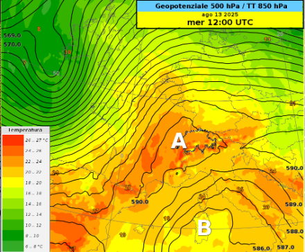 Fig. 1: Distribuzione del Geopotenziale a 500hPa (circa 5800 metri, linee nere) e della temperatura a 850 hPa (circa 1600 m) sull’Europa centro-meridionale mercoledì 13 agosto 2025, prevista dal modello IFS/ECMWF . 
