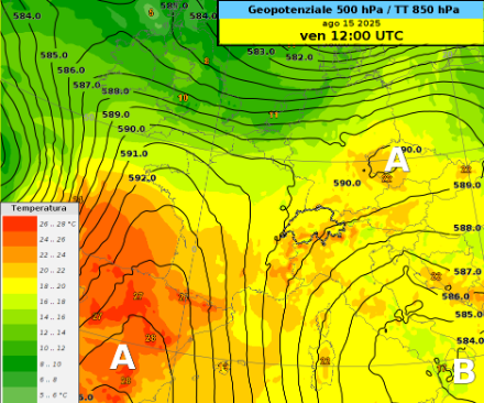 Fig. 4: Distribuzione del Geopotenziale a 500hPa (circa 5800 metri, linee nere) e della temperatura a 850 hPa (circa 1600 m) sull’Europa centro-meridionale venerdì 15 agosto 2025, prevista dal modello IFS/ECMWF. 