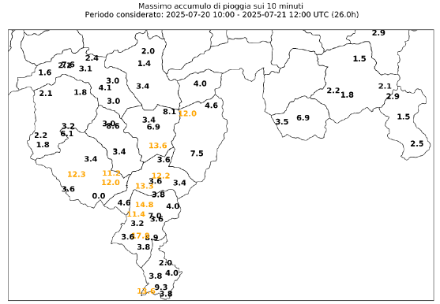 Fig. 1. Accumuli pluviometrici massimi sui 10 minuti rilevati tra il 20 e il 21 luglio 2025. Valori in arancione evidenziano quantitativi superiori ai 10 mm in 10 minuti.