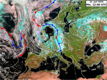 Fig. 2. Carta meteorologica al suolo, situazione alle 12 UTC del 21 luglio 2025. Il fronte freddo si è allontanato dalla Svizzera verso est, il versante nordalpino è interessato da correnti occidentali meno umide ma ancora instabili, mentre a sud delle Alpi la massa d’aria risulta più stabile e secca.