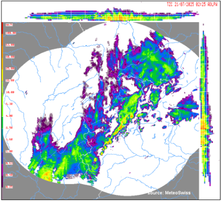 Fig. 2. Intensità delle precipitazioni del composito dei radar meteorologici di MeteoSvizzera il 21 luglio 2025 alle ore 02:25 UTC (ore 04:25 locali). Visibile è la linea temporalesca che interessa parte del Sopraceneri.