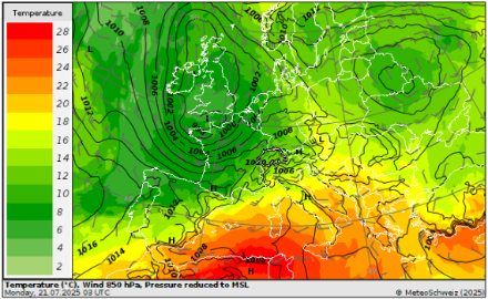 Fig. 5. Distribuzione della pressione al suolo (ridotta a livello del mare secondo l’atmosfera standard) e temperatura a 850 hPa (circa 1500 metri), analisi del modello ECMWF-IFS del 21 luglio 2025 ore 03 UTC, al momento della formazione della linea di convergenza temporalesca. Il gradiente di pressione e il gradiente termico sul versante sudalpino e la Pianura Padana sono relativamente contenuti, motivo per cui la corrente nei bassi strati non è risultata particolarmente intensa.