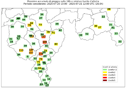 Fig. 5 e 6. Accumuli pluviometrici massimi sulle 12 e 18 ore rilevati tra il 20 e il 21 luglio 2025. La scala di colori evidenzia il corrispettivo livello d’allerta per forti piogge secondo le soglie di MeteoSvizzera.