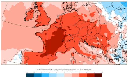 Figura 3: Anomalia della temperatura media della settimana fra l'11 e il 18 agosto 2025 rispetto alla media. 